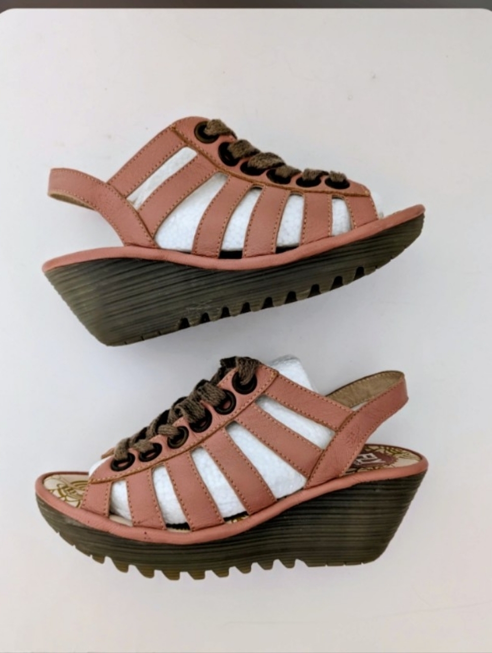 Fly London Leather Wedge Yito Blush Pink Lace Up Sandals Women's Size 38 - Picture 4 of 7